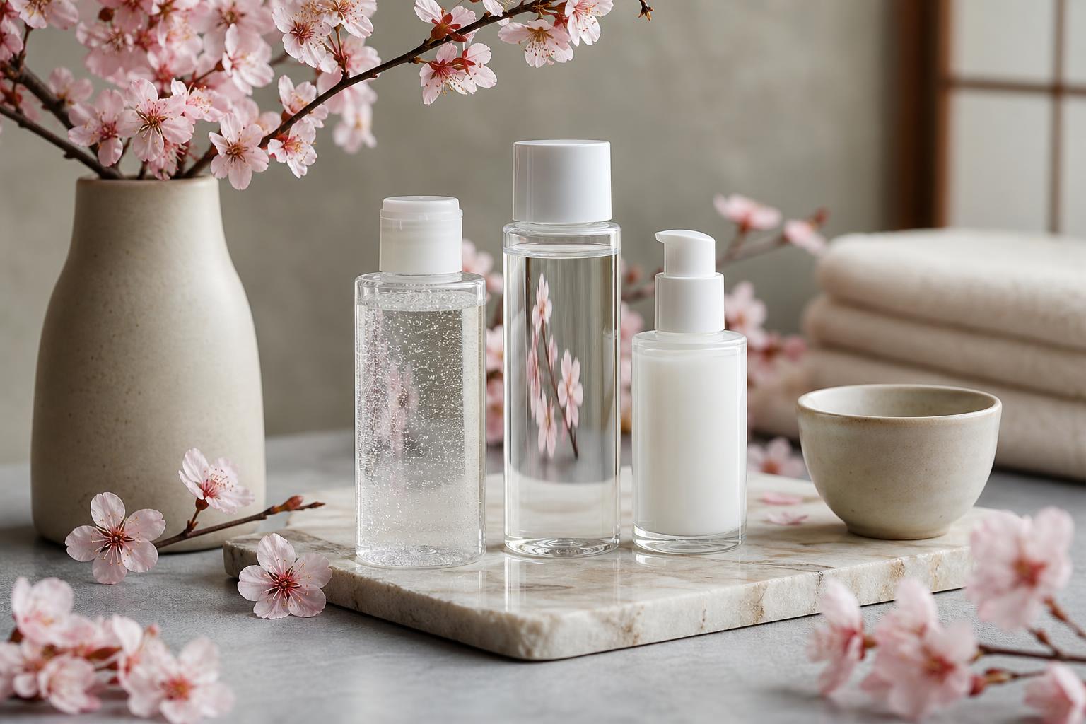drei kosmetikflaschen eine keramikschale eine vase mit rosa kirschblüten und gefaltete handtücher sind auf einem marmortablett auf einer grauen fläche angeordnet