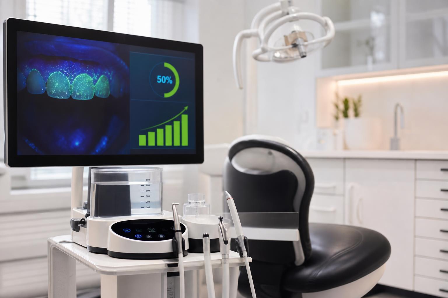 zahnarztpraxis mit einem behandlungsstuhl und einem monitor auf dem eine zahnröntgenaufnahme eine digitale patientenakte und eine grafik zum prozentualen fortschritt angezeigt werden; zahnärztliche instrumente liegen auf einem tablett in der nähe