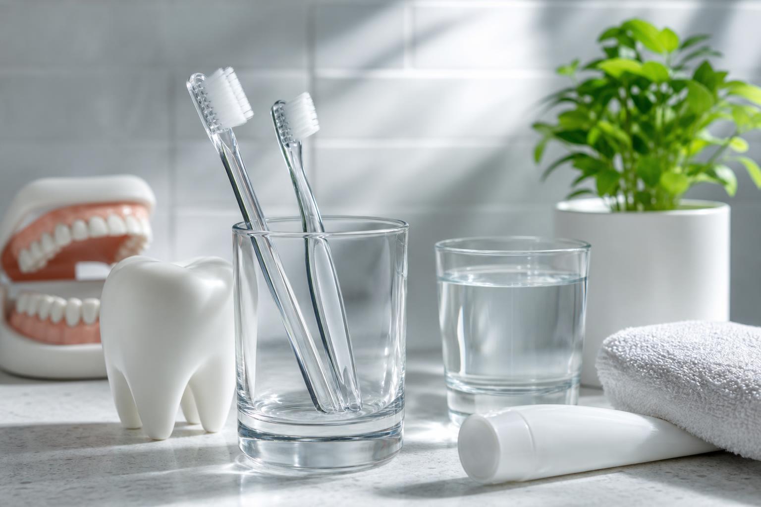 zwei durchsichtige zahnbürsten in einem glas ein glas wasser eine tube zahnpasta ein zahnmodell ein keramikzahn ein gefaltetes handtuch und eine topfpflanze auf dem waschtisch im badezimmer
