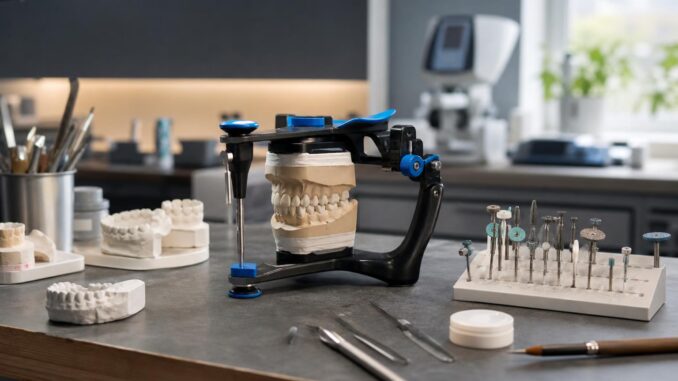 ein arbeitsbereich im dentallabor mit einem zahnartikulator der gipszahnmodelle hält umgeben von zahnmedizinischen werkzeugen bohrern bürsten und weiteren gipszahnmodellen auf einer arbeitsplatte