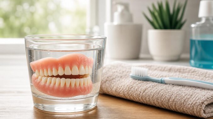 eine zahnprothese die in einem glas wasser auf einer holzunterlage neben einem zusammengefalteten handtuch einer zahnbürste und zahnpflegeartikeln einweicht