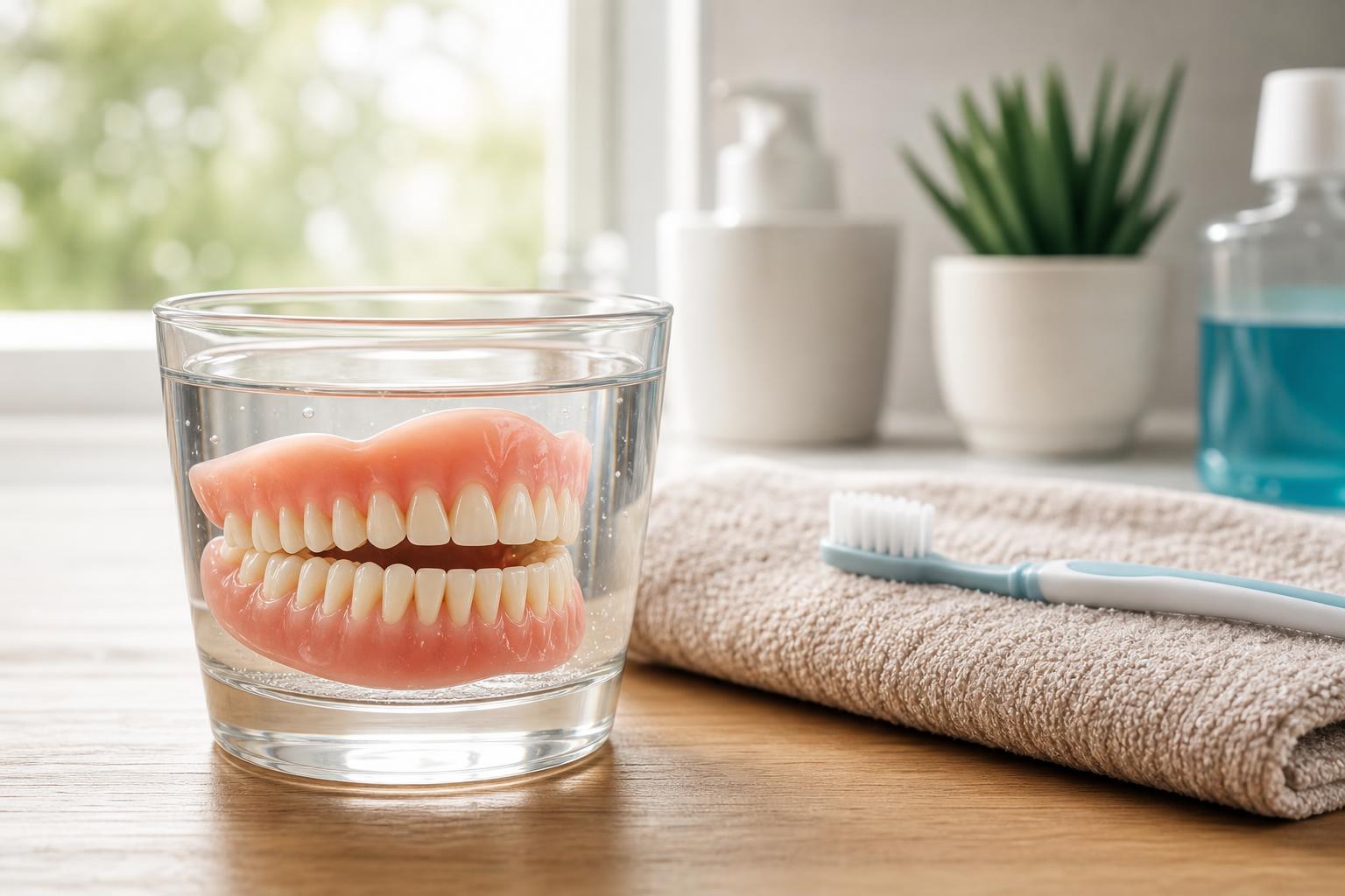 eine zahnprothese die in einem glas wasser auf einer holzunterlage neben einem zusammengefalteten handtuch einer zahnbürste und zahnpflegeartikeln einweicht