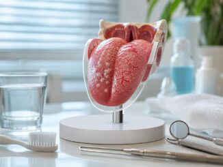 medizinisches modell einer erkrankten menschlichen lunge auf einem ständer dargestellt auf einem schreibtisch im hintergrund sind zahnärztliche instrumente eine zahnbürste ein glas wasser und medizinisches zubehör zu sehen