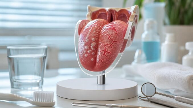 medizinisches modell einer erkrankten menschlichen lunge auf einem ständer dargestellt auf einem schreibtisch im hintergrund sind zahnärztliche instrumente eine zahnbürste ein glas wasser und medizinisches zubehör zu sehen