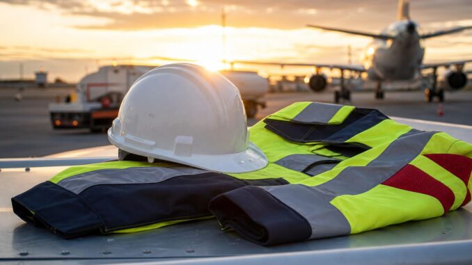 ein weißer schutzhelm und eine warnweste liegen auf einer fläche an einem flughafen im hintergrund sind bei sonnenuntergang ein flugzeug und ein tankwagen zu sehen
