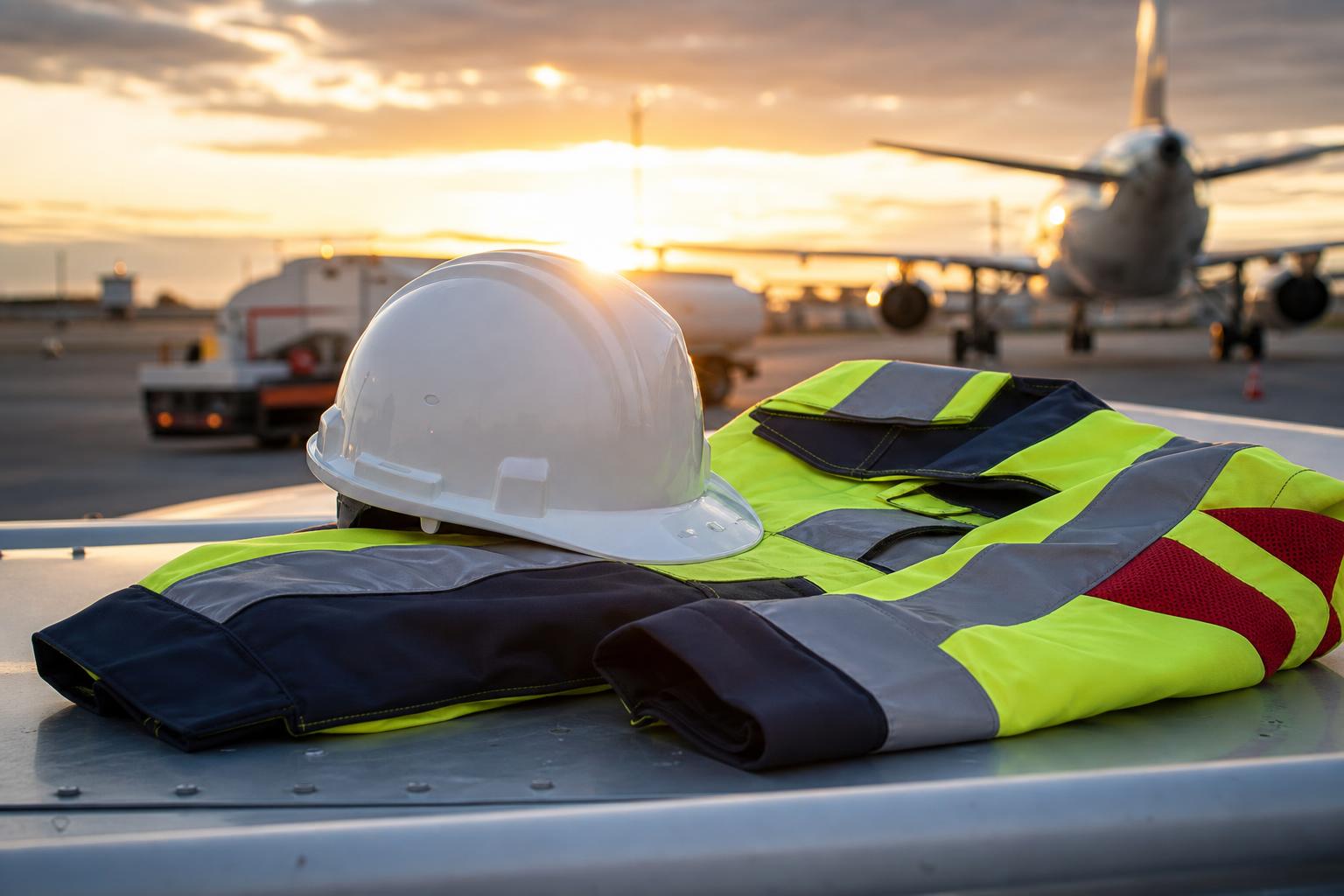 ein weißer schutzhelm und eine warnweste liegen auf einer fläche an einem flughafen im hintergrund sind bei sonnenuntergang ein flugzeug und ein tankwagen zu sehen