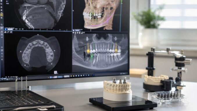 arbeitsbereich in einer zahnarztpraxis mit einem kiefermodell zahnimplantaten chirurgischen instrumenten und einem monitor auf dem im hintergrund zahnröntgenbilder und d scans zu sehen sind