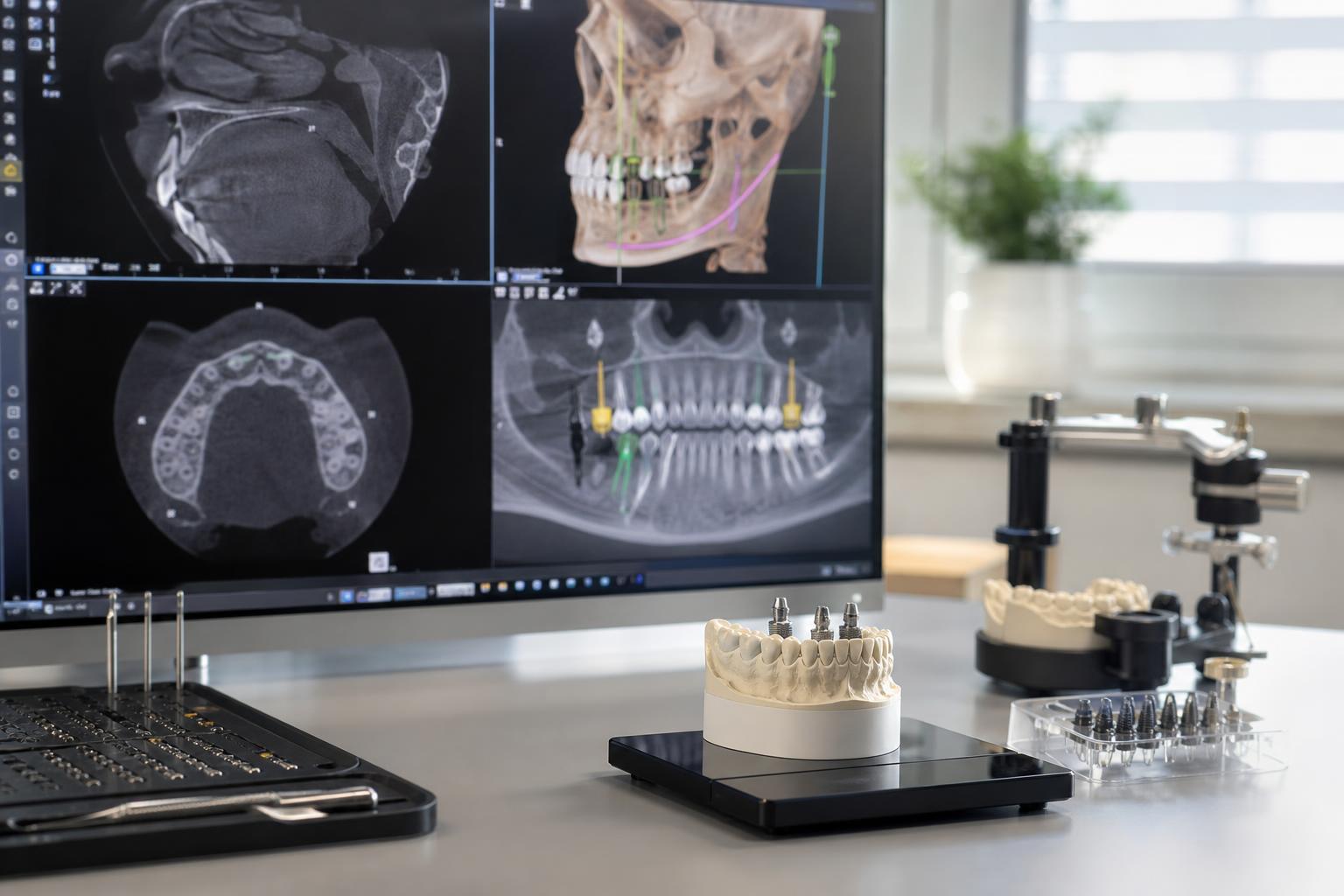 arbeitsbereich in einer zahnarztpraxis mit einem kiefermodell zahnimplantaten chirurgischen instrumenten und einem monitor auf dem im hintergrund zahnröntgenbilder und d scans zu sehen sind