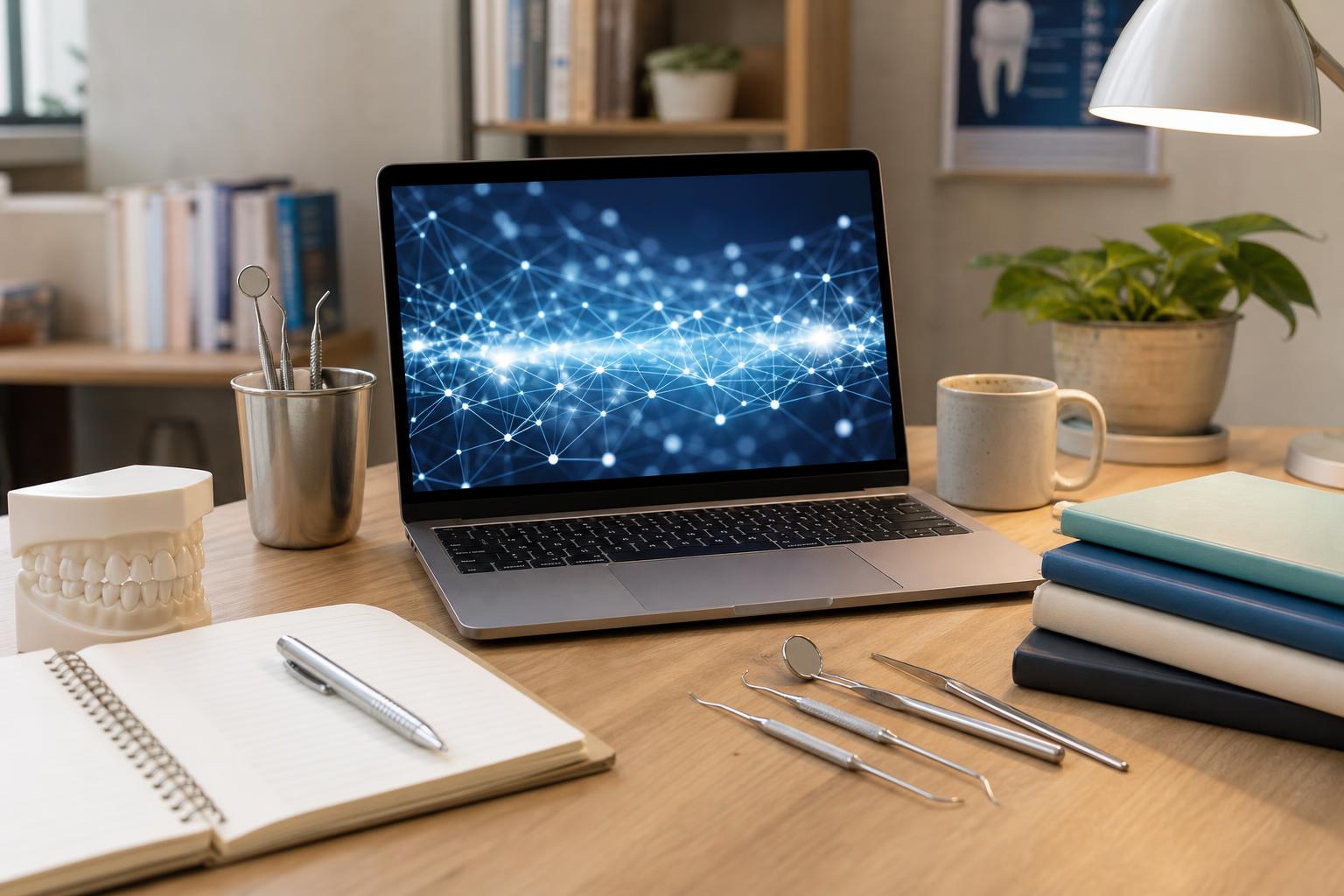 auf einem schreibtisch auf dem sich zahnärztliche instrumente ein zahnmodell notizbücher ein stift eine tasse und gestapelte bücher befinden steht ein laptop auf dessen bildschirm eine grafik eines digitalen netzwerks zu sehen ist