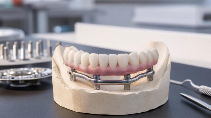 zahnimplantatmodell mit künstlichen zähnen die auf einem metallgerüst befestigt sind ausgestellt auf einem gips kiefer in einem dentallabor