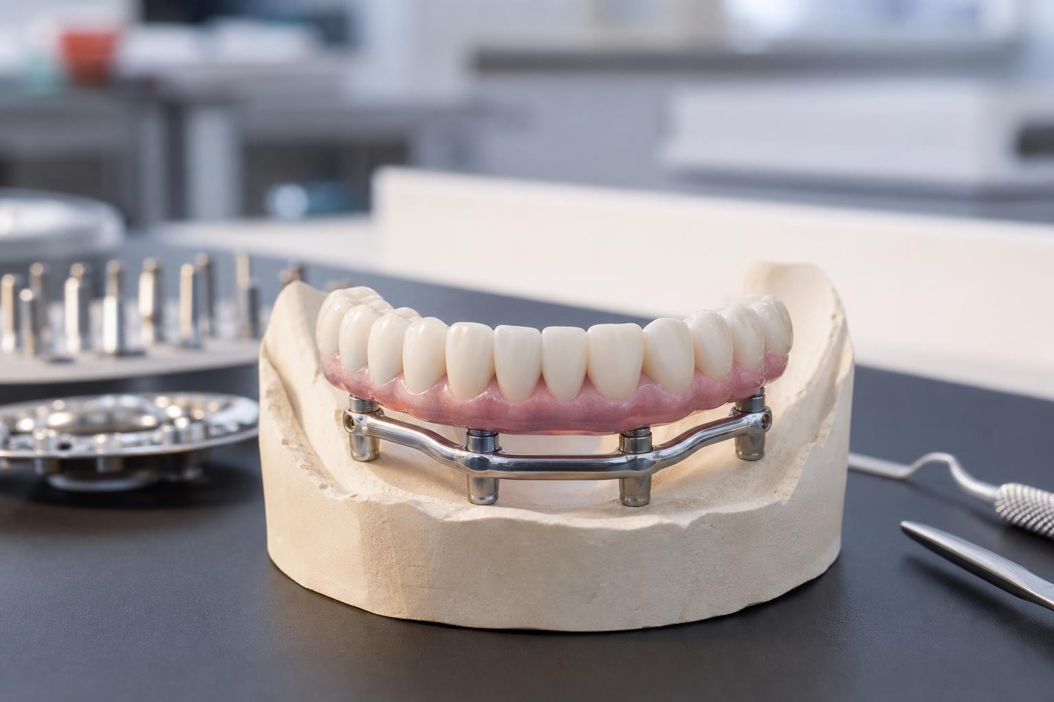 zahnimplantatmodell mit künstlichen zähnen die auf einem metallgerüst befestigt sind ausgestellt auf einem gips kiefer in einem dentallabor