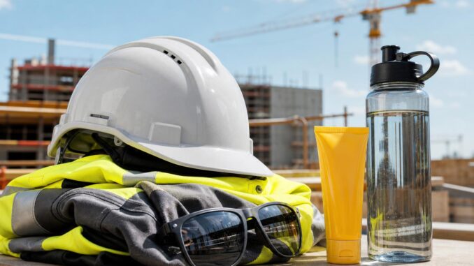 ein weißer schutzhelm eine warnweste eine sonnenbrille sonnencreme und eine wasserflasche auf einer holzfläche auf einer baustelle im hintergrund sind kräne und gebäude zu sehen