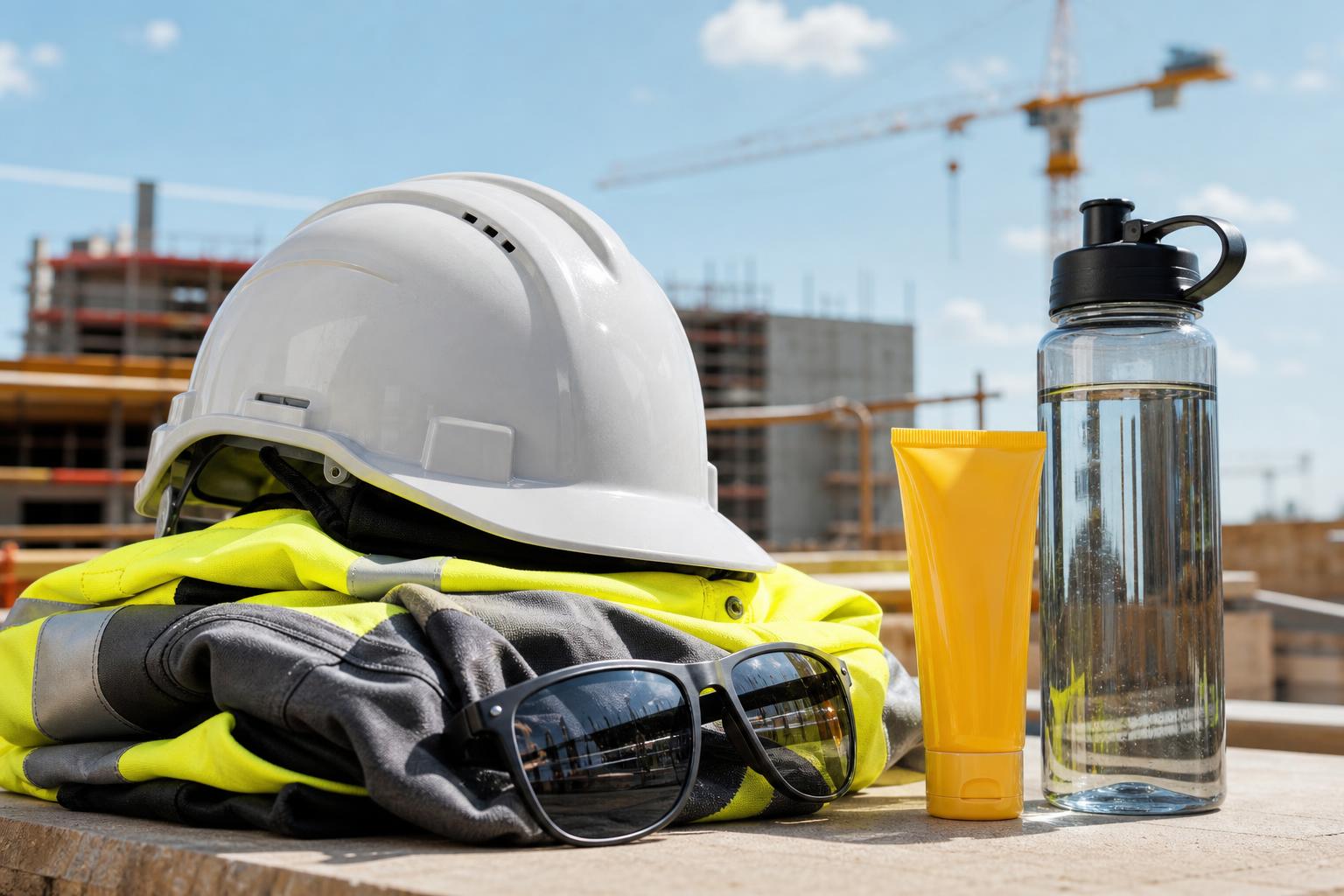 ein weißer schutzhelm eine warnweste eine sonnenbrille sonnencreme und eine wasserflasche auf einer holzfläche auf einer baustelle im hintergrund sind kräne und gebäude zu sehen