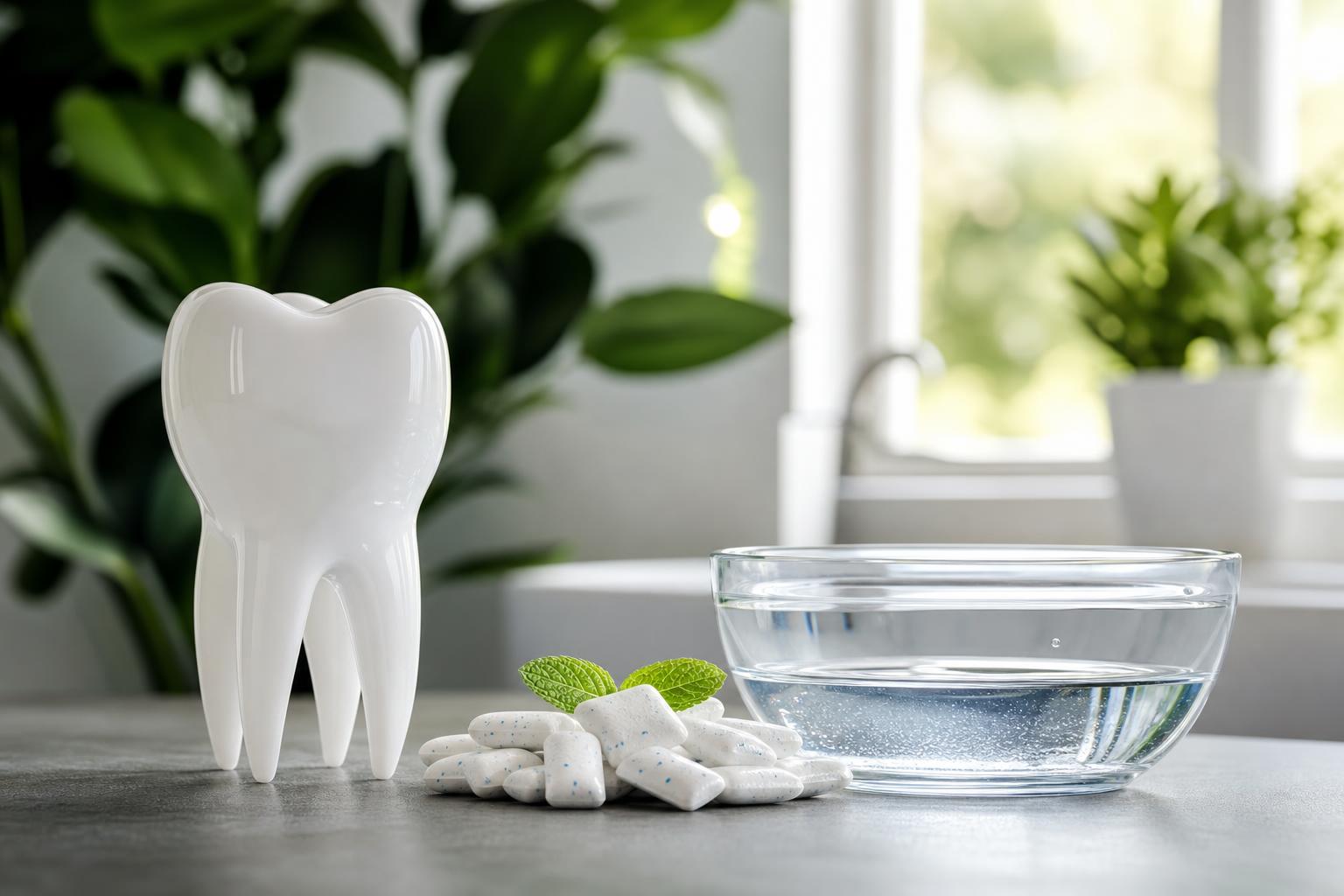 auf einer arbeitsplatte vor deren hintergrund grüne pflanzen zu sehen sind stehen ein zahnmodell aus keramik kaugummi mit minzblättern und eine glasschale mit wasser