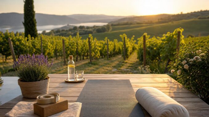 eine yogamatte und hilfsmittel liegen auf einem tisch mit blick auf einen weinberg bei sonnenuntergang im hintergrund sind hügel und ein see zu sehen