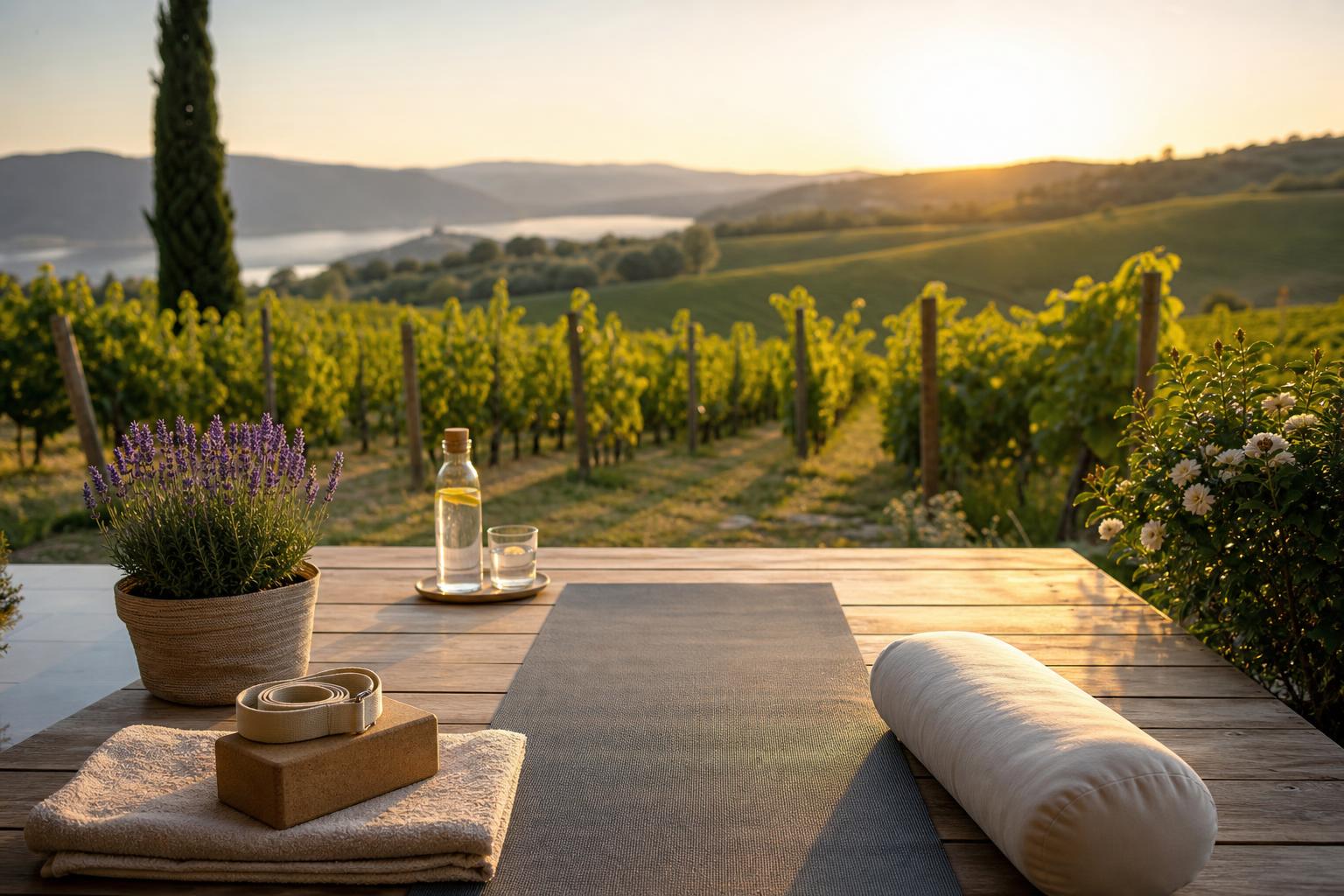 eine yogamatte und hilfsmittel liegen auf einem tisch mit blick auf einen weinberg bei sonnenuntergang im hintergrund sind hügel und ein see zu sehen