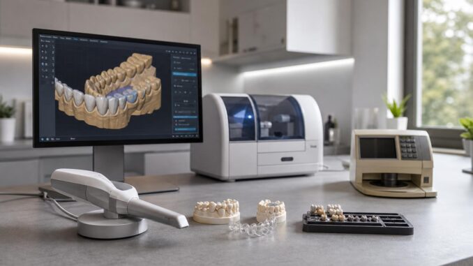 zahnlabor mit d zahnmodellen auf einem computerbildschirm einem zahnscanner einer fräsmaschine und zahnabdrücken auf einer arbeitsplatte in einem modernen arbeitsbereich