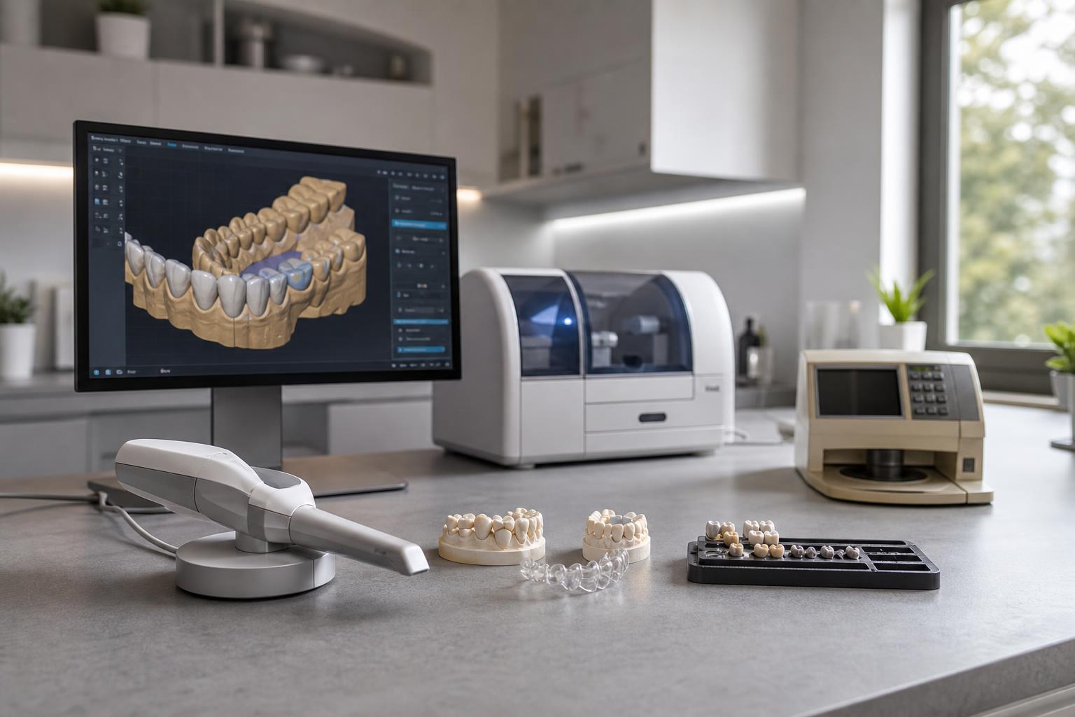 zahnlabor mit d zahnmodellen auf einem computerbildschirm einem zahnscanner einer fräsmaschine und zahnabdrücken auf einer arbeitsplatte in einem modernen arbeitsbereich