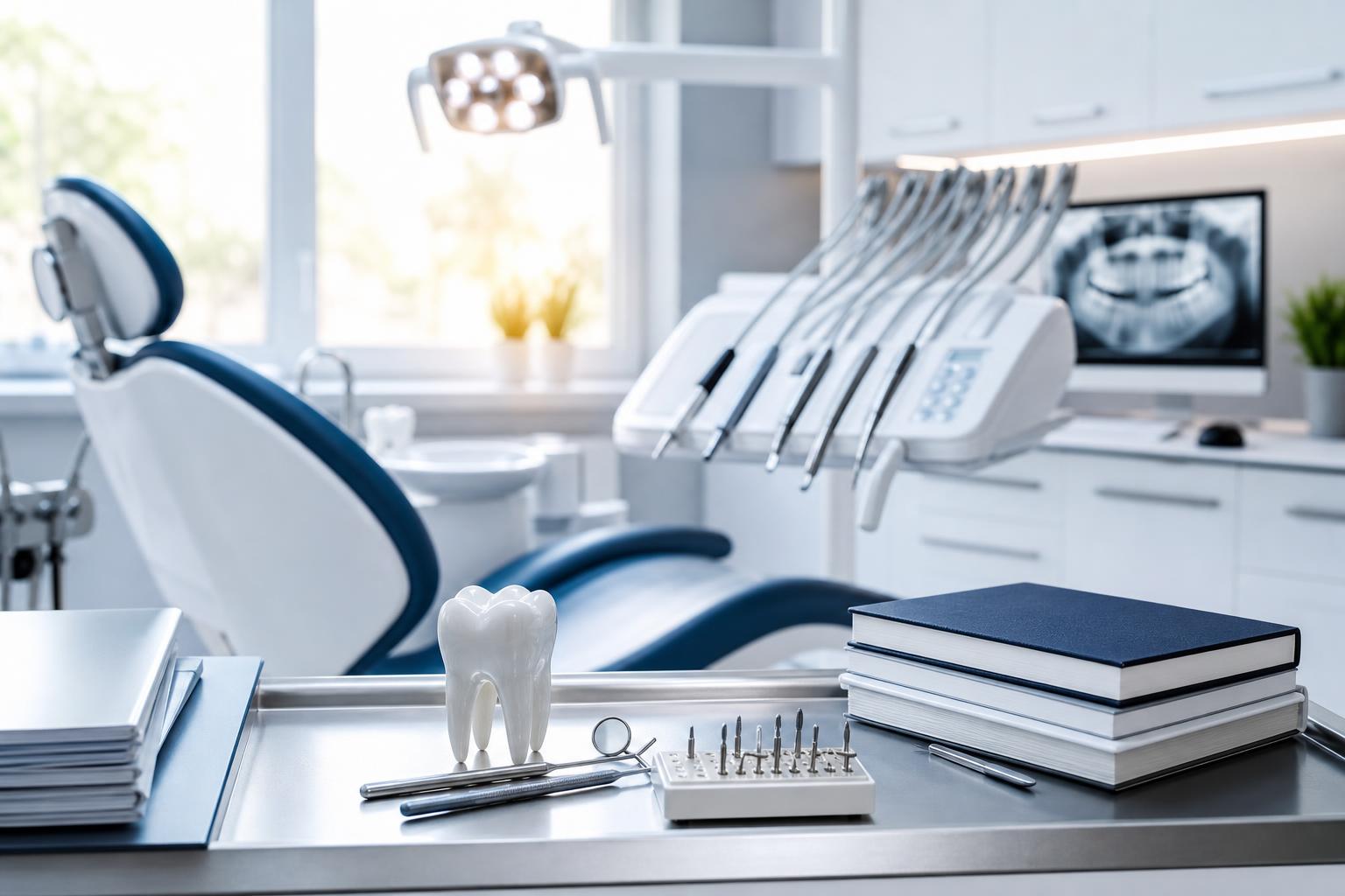 moderne zahnarztpraxis mit einem behandlungsstuhl zahnärztlichen instrumenten büchern und einem zahnmodell auf einem metalltisch; im hintergrund ist auf einem computerbildschirm eine zahnröntgenaufnahme zu sehen