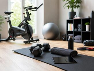 heimfitnessraum mit heimtrainer yogamatte hanteln handtuch wasserflasche tablet schaumstoffrolle widerstandsbändern und pflanzen in der nähe eines hellen fensters