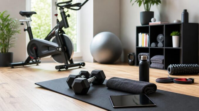 heimfitnessraum mit heimtrainer yogamatte hanteln handtuch wasserflasche tablet schaumstoffrolle widerstandsbändern und pflanzen in der nähe eines hellen fensters