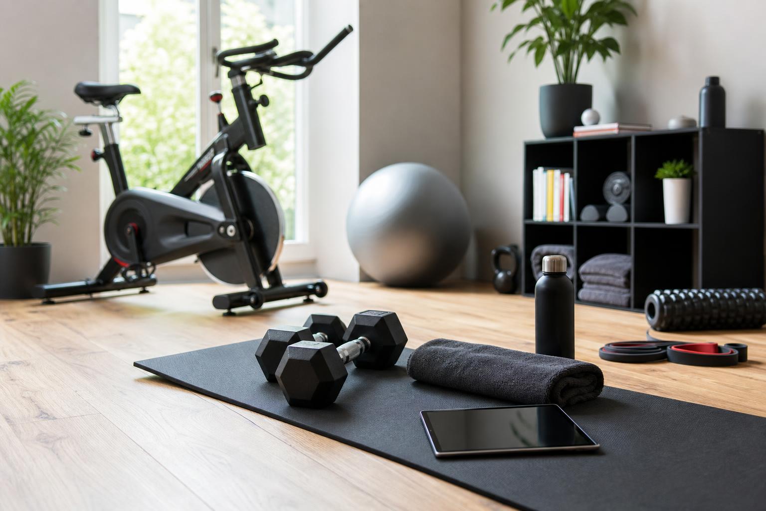 heimfitnessraum mit heimtrainer yogamatte hanteln handtuch wasserflasche tablet schaumstoffrolle widerstandsbändern und pflanzen in der nähe eines hellen fensters