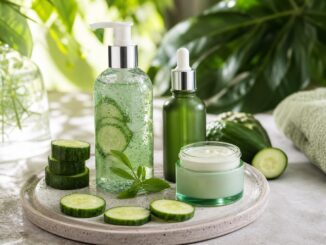 hautpflegeprodukte mit gurkenscheiben auf einem tablett darunter eine gel flasche eine tropfflasche und ein cremetiegel im hintergrund grüne blätter und ein handtuch