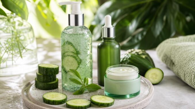 hautpflegeprodukte mit gurkenscheiben auf einem tablett darunter eine gel flasche eine tropfflasche und ein cremetiegel im hintergrund grüne blätter und ein handtuch
