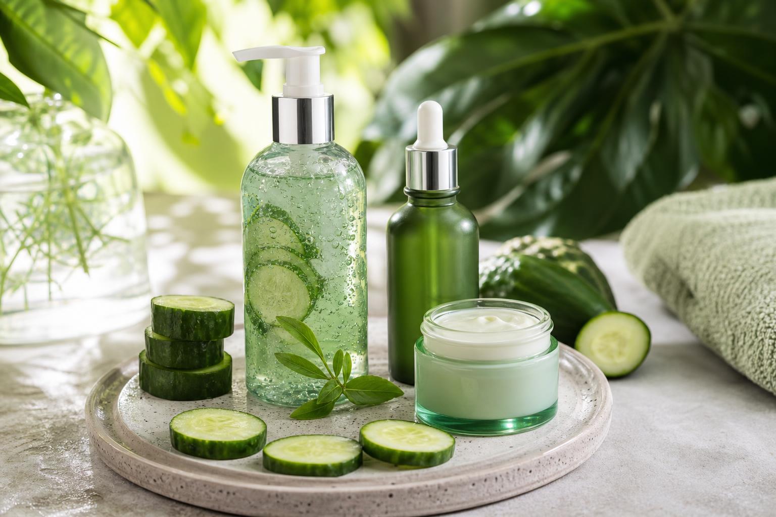 hautpflegeprodukte mit gurkenscheiben auf einem tablett darunter eine gel flasche eine tropfflasche und ein cremetiegel im hintergrund grüne blätter und ein handtuch
