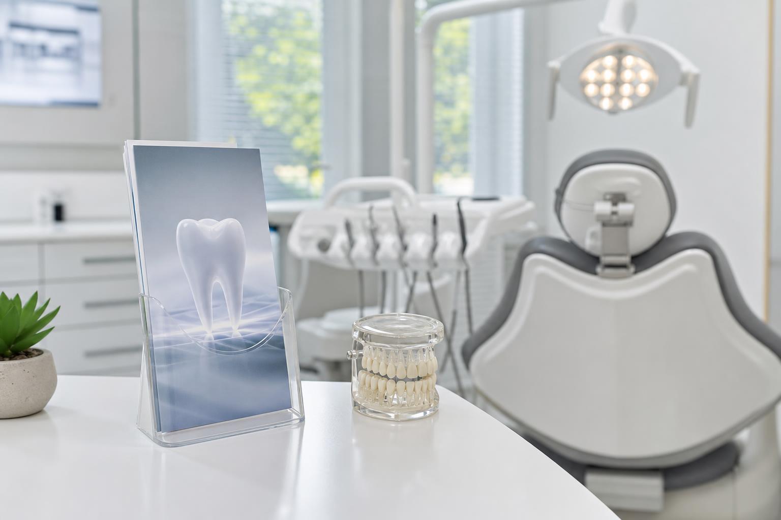 moderne zahnarztpraxis mit einem behandlungsstuhl geräten einer broschüre mit dem bild eines zahns einem glas mit zahnmodellen und einer kleinen topfpflanze auf einer weißen theke