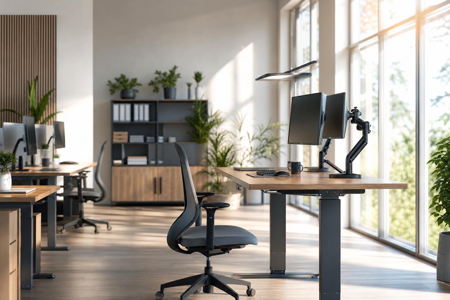modernes büro mit mehreren schreibtischen ergonomischen stühlen zwei monitoren und großen fenstern durch die tageslicht hereinströmt; im hintergrund stehen topfpflanzen und regale mit ordnern und dekoartikeln