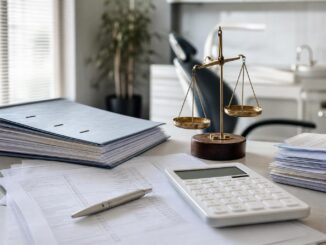 ein schreibtisch mit aktenordnern dokumenten einem stift einem taschenrechner und einer justizwaage aus messing in einem büro im hintergrund sind eine pflanze und stühle zu sehen