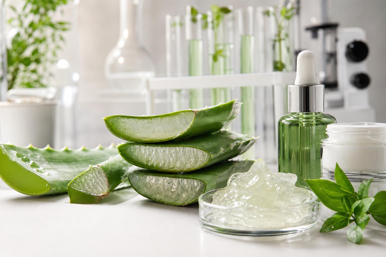 aloe vera scheiben eine schale mit aloe gel eine tropfflasche ein cremeglas grüne blätter und laborglasgeräte angeordnet auf einer weißen fläche