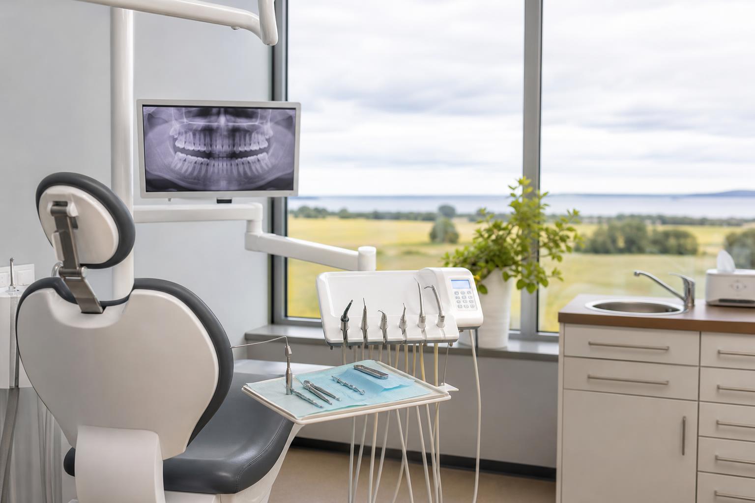 eine moderne zahnarztpraxis mit einem behandlungsstuhl zahnärztlichen instrumenten und einem monitor auf dem eine zahnröntgenaufnahme zu sehen ist durch große fenster blickt man auf eine landschaft mit feldern und bäumen