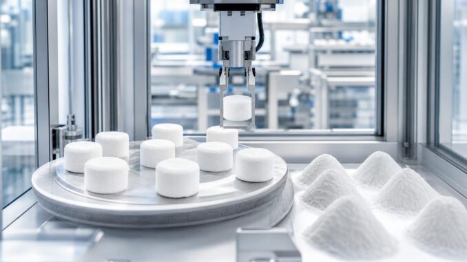 ein roboterarm in einer fabrik legt große weiße tabletten auf eine rotierende plattform während daneben in einer sauberen automatisierten produktionsumgebung pulverhaufen liegen