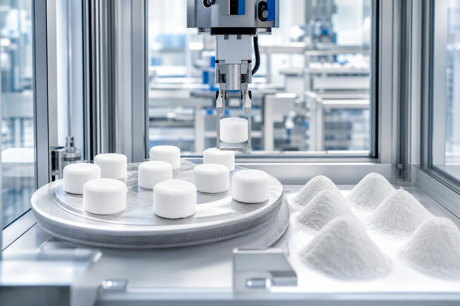 ein roboterarm in einer fabrik legt große weiße tabletten auf eine rotierende plattform während daneben in einer sauberen automatisierten produktionsumgebung pulverhaufen liegen