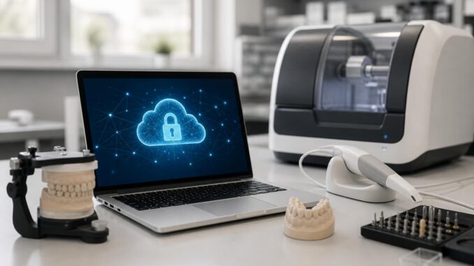 ein laptop auf dessen bildschirm ein cloud sicherheitssymbol zu sehen ist steht auf einem schreibtisch auf dem sich zahnmodelle werkzeuge und zahnmedizinische geräte in einer praxis oder einem labor befinden