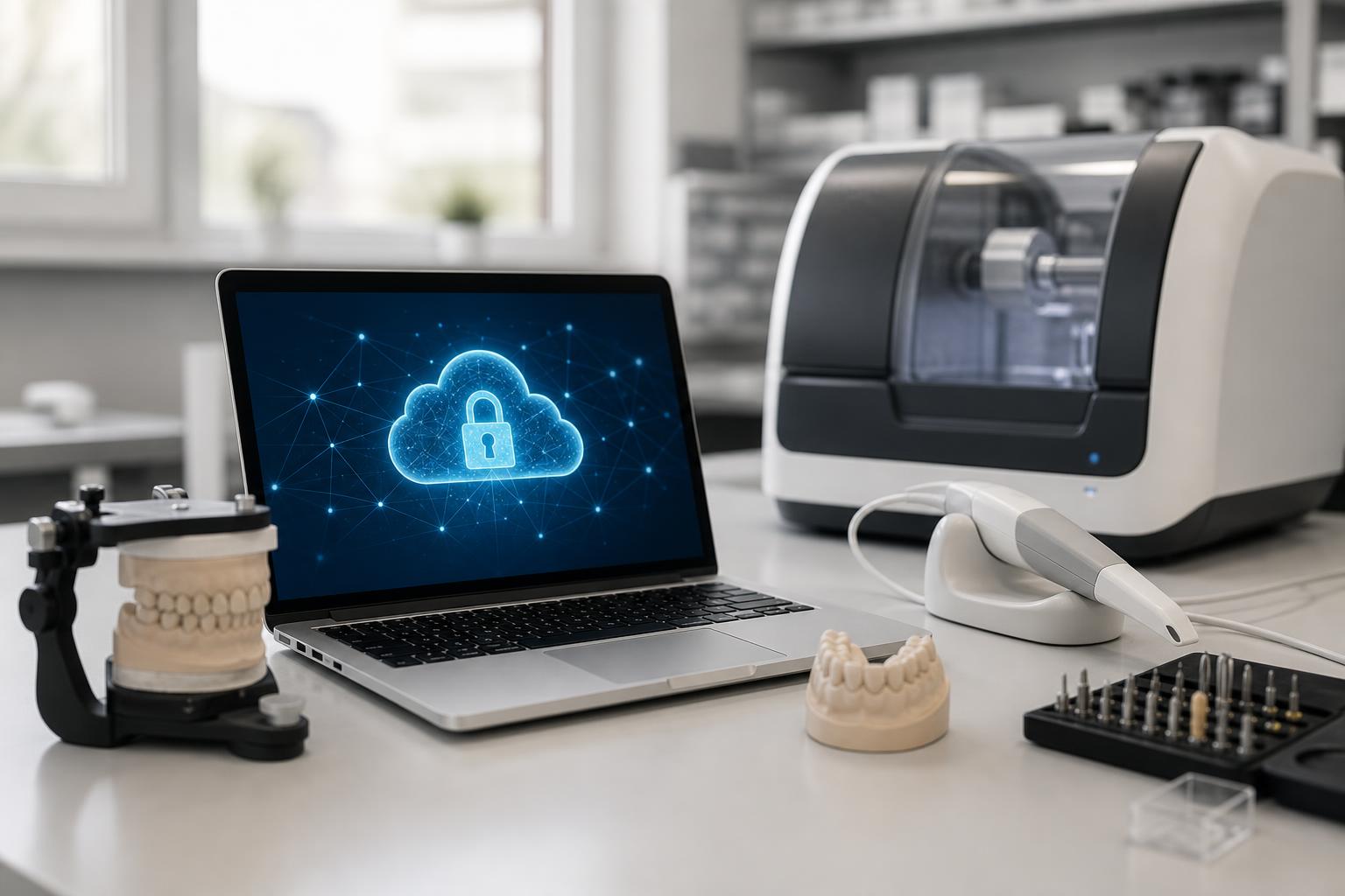 ein laptop auf dessen bildschirm ein cloud sicherheitssymbol zu sehen ist steht auf einem schreibtisch auf dem sich zahnmodelle werkzeuge und zahnmedizinische geräte in einer praxis oder einem labor befinden