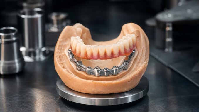 ein zahnimplantatmodell das einen künstlichen unterkiefer mit zähnen und eine auf einer metalloberfläche befestigte implantatgetragene metallbrücke zeigt