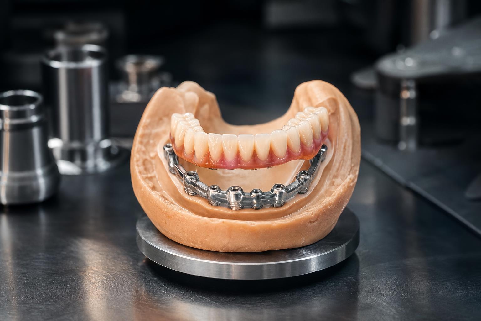 ein zahnimplantatmodell das einen künstlichen unterkiefer mit zähnen und eine auf einer metalloberfläche befestigte implantatgetragene metallbrücke zeigt