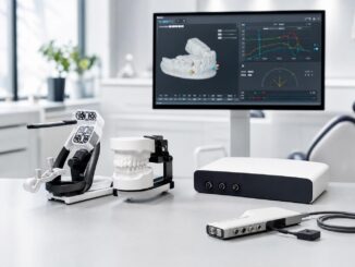 schreibtisch in einer zahnarztpraxis mit einem modellkiefer einem artikulator einem digitalen scanner und einem computermonitor auf dem zahnmedizinische d bilder und grafiken angezeigt werden