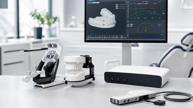 schreibtisch in einer zahnarztpraxis mit einem modellkiefer einem artikulator einem digitalen scanner und einem computermonitor auf dem zahnmedizinische d bilder und grafiken angezeigt werden
