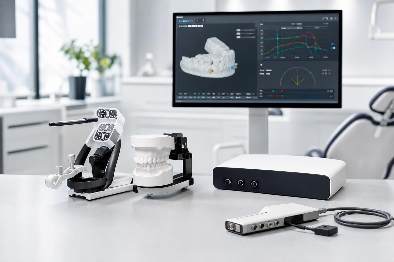 schreibtisch in einer zahnarztpraxis mit einem modellkiefer einem artikulator einem digitalen scanner und einem computermonitor auf dem zahnmedizinische d bilder und grafiken angezeigt werden