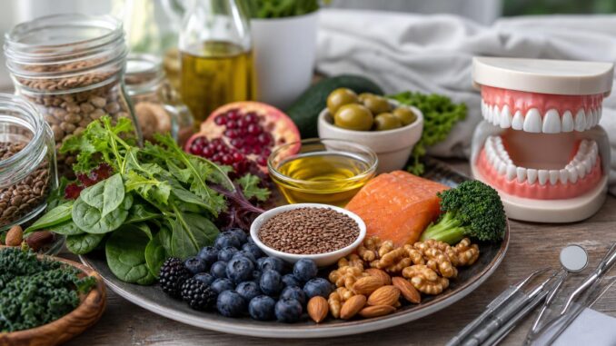 auf einem holztisch steht ein teller mit lachs nüssen beeren blattgemüse und samen neben Ölen getreide zahnärztlichen instrumenten und einem zahnmodell mit zähnen
