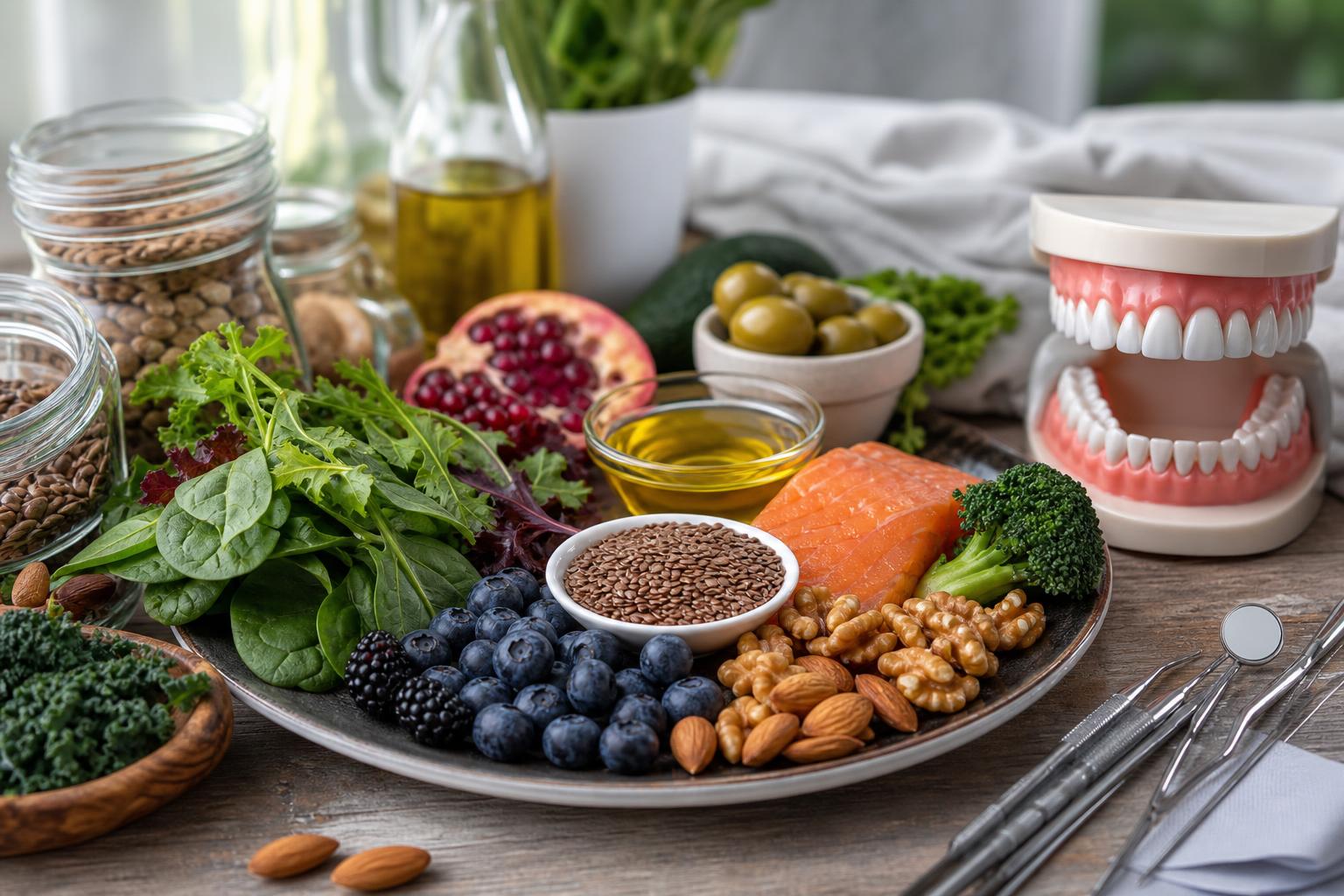 auf einem holztisch steht ein teller mit lachs nüssen beeren blattgemüse und samen neben Ölen getreide zahnärztlichen instrumenten und einem zahnmodell mit zähnen