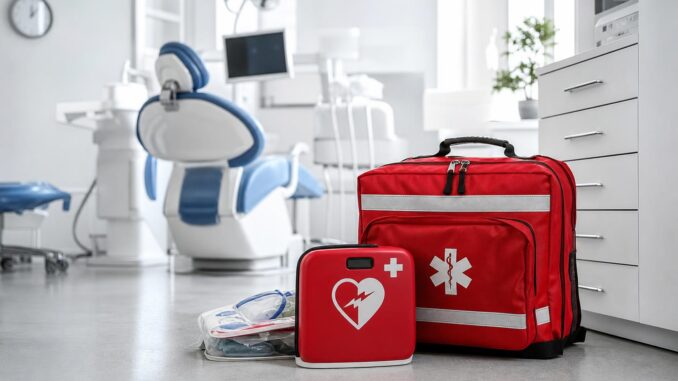 rote erste hilfe tasche und defibrillator set auf dem boden einer modernen zahnarztpraxis im hintergrund ein zahnarztstuhl und zahnärztliche geräte