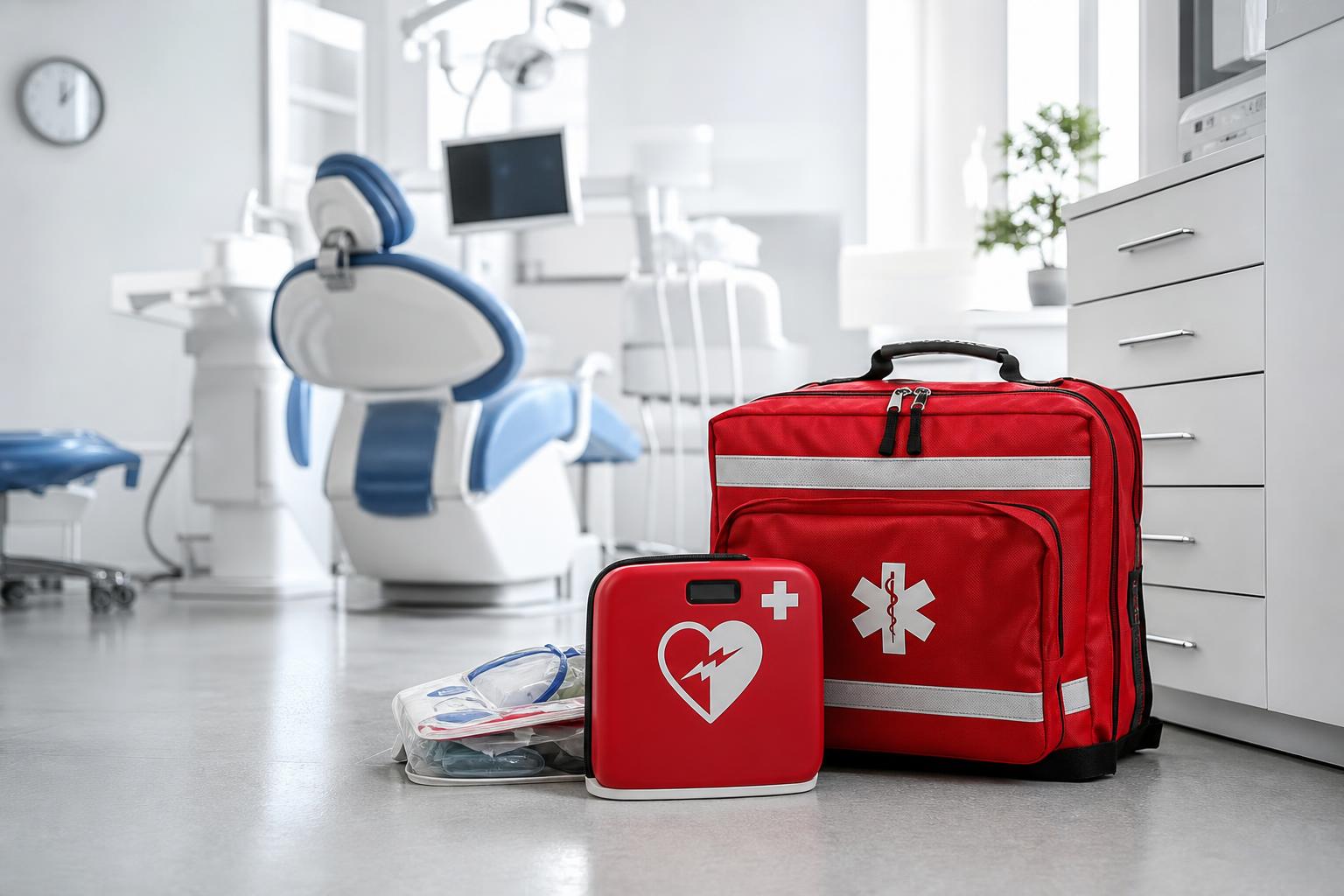 rote erste hilfe tasche und defibrillator set auf dem boden einer modernen zahnarztpraxis im hintergrund ein zahnarztstuhl und zahnärztliche geräte