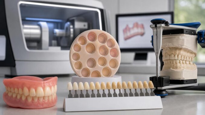auf einer theke sind zahnersatz zahnfarbmuster und ein zahnmodell ausgestellt im hintergrund sind geräte eines dentallabors zu sehen