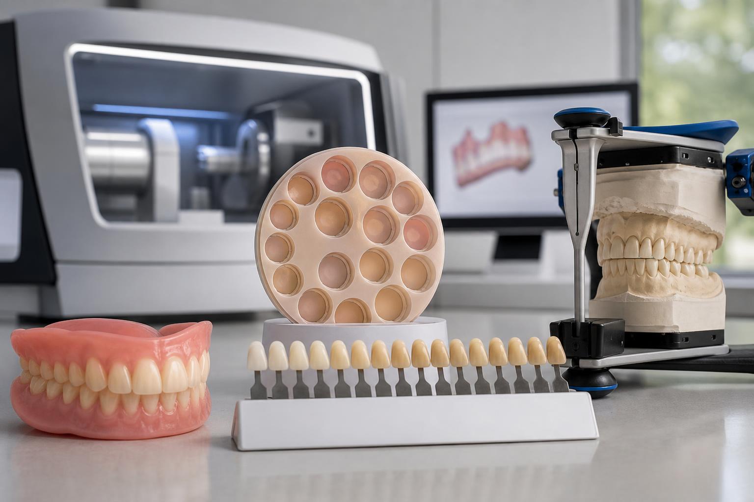 auf einer theke sind zahnersatz zahnfarbmuster und ein zahnmodell ausgestellt im hintergrund sind geräte eines dentallabors zu sehen