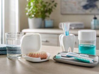 auf dem waschtisch im badezimmer liegen eine zahnprothese in einem etui zahnbürsten mundwasser ein glas wasser und zahnpflegeutensilien
